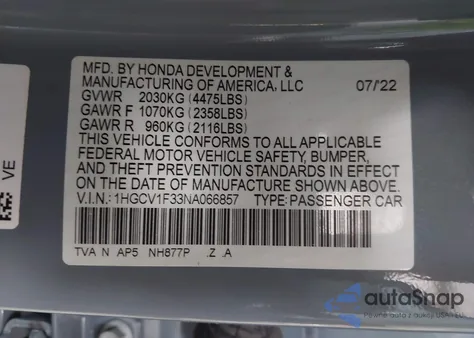 2022 Honda Accord Sport z USA, uszkodzony, nr VIN 1HGCV1F33NA066857